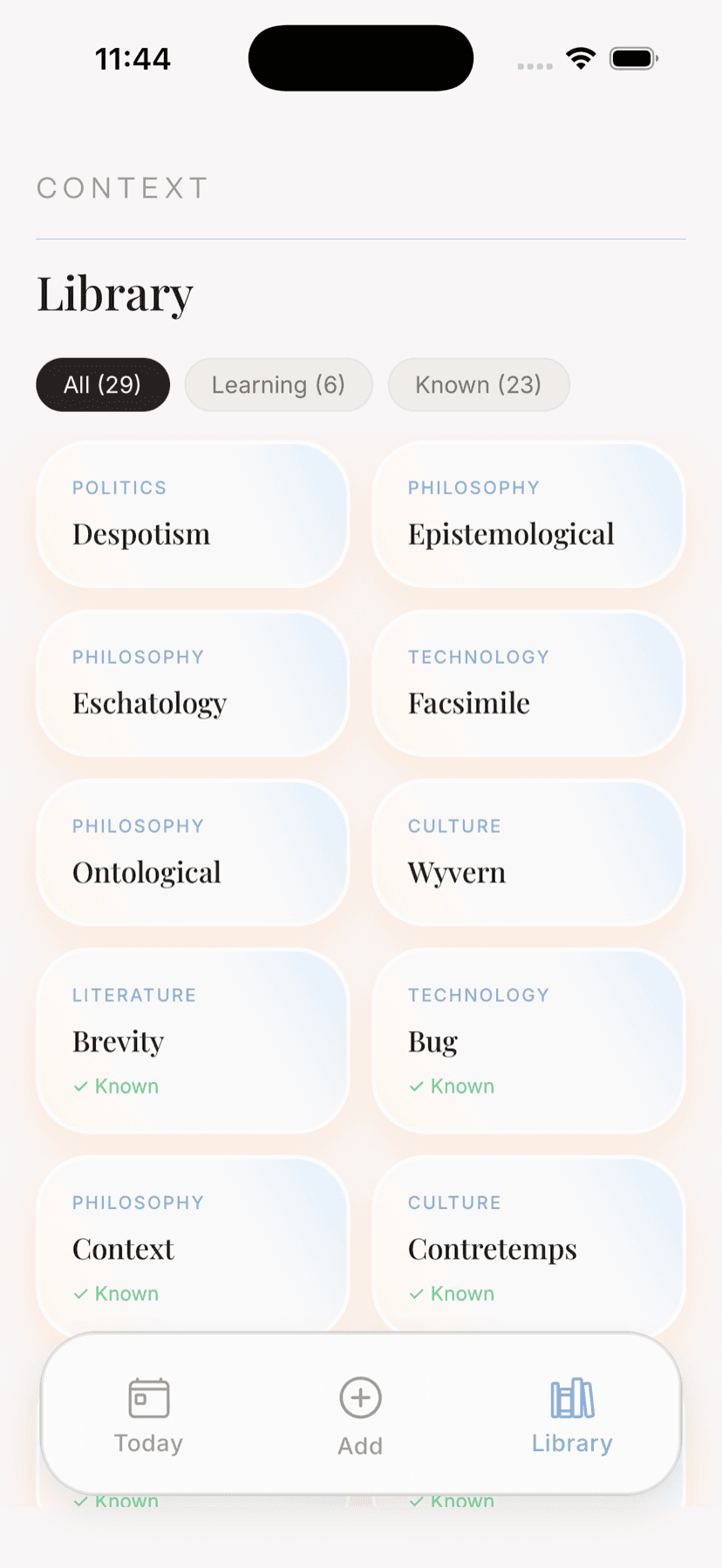 The Library screen, a grid of saved words filtered by All, Learning and Known